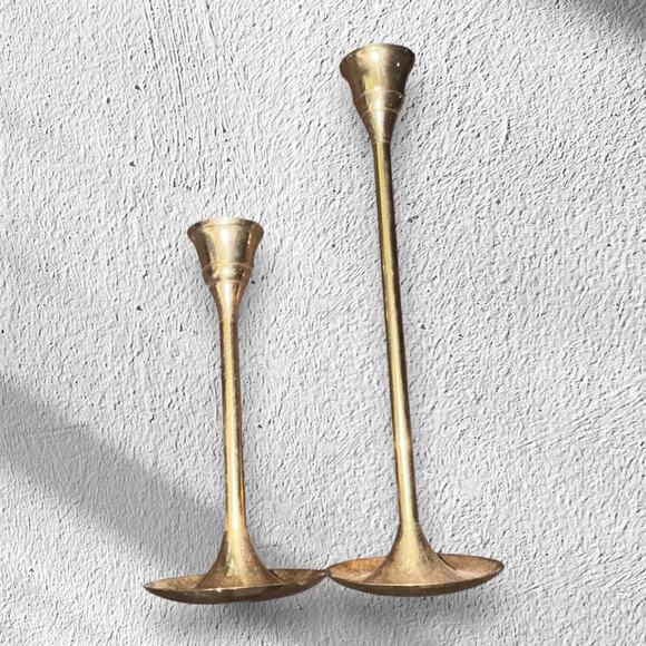 Two Brass Candlesticks Mid-Century Modern Gently Used Some Scratching 6” & 9” - Picture 1 of 6